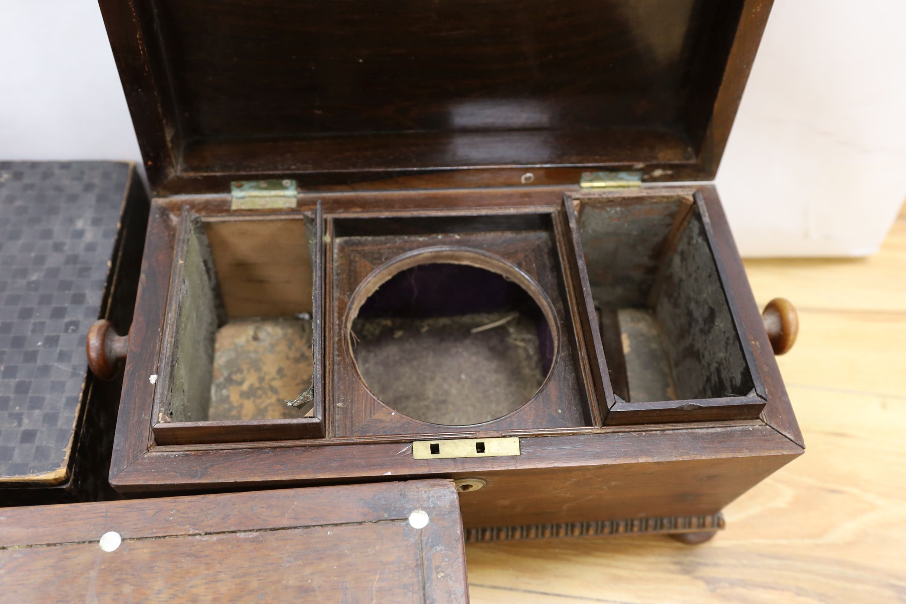 An inlaid miniature linen press, Japanese lacquer box, a stationary box and tea caddy etc (7 items in total)